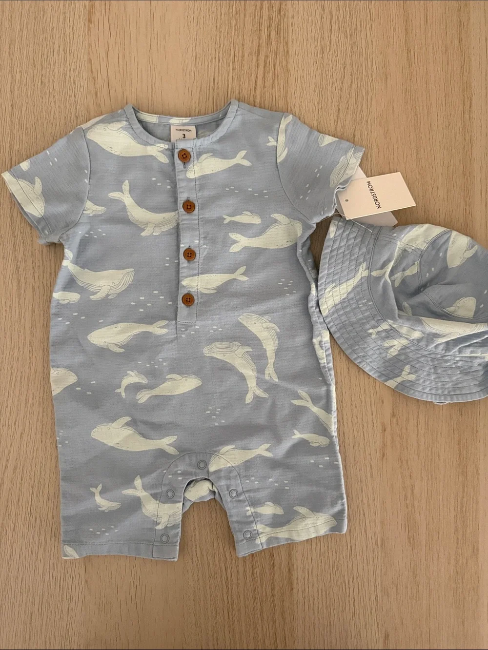 Nordstrom Two piece set Light Blue Whale Print One-Piece with Hat NWT